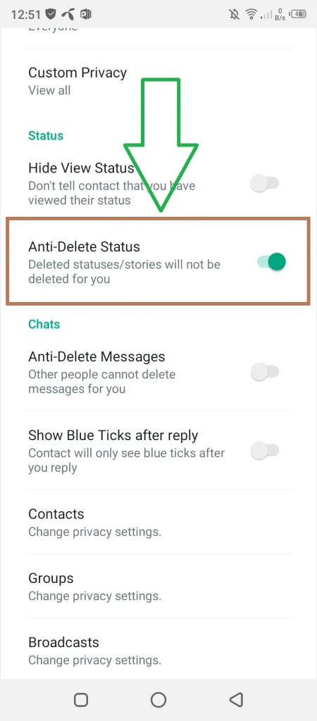 how to enable Anti-Delete Status feature
